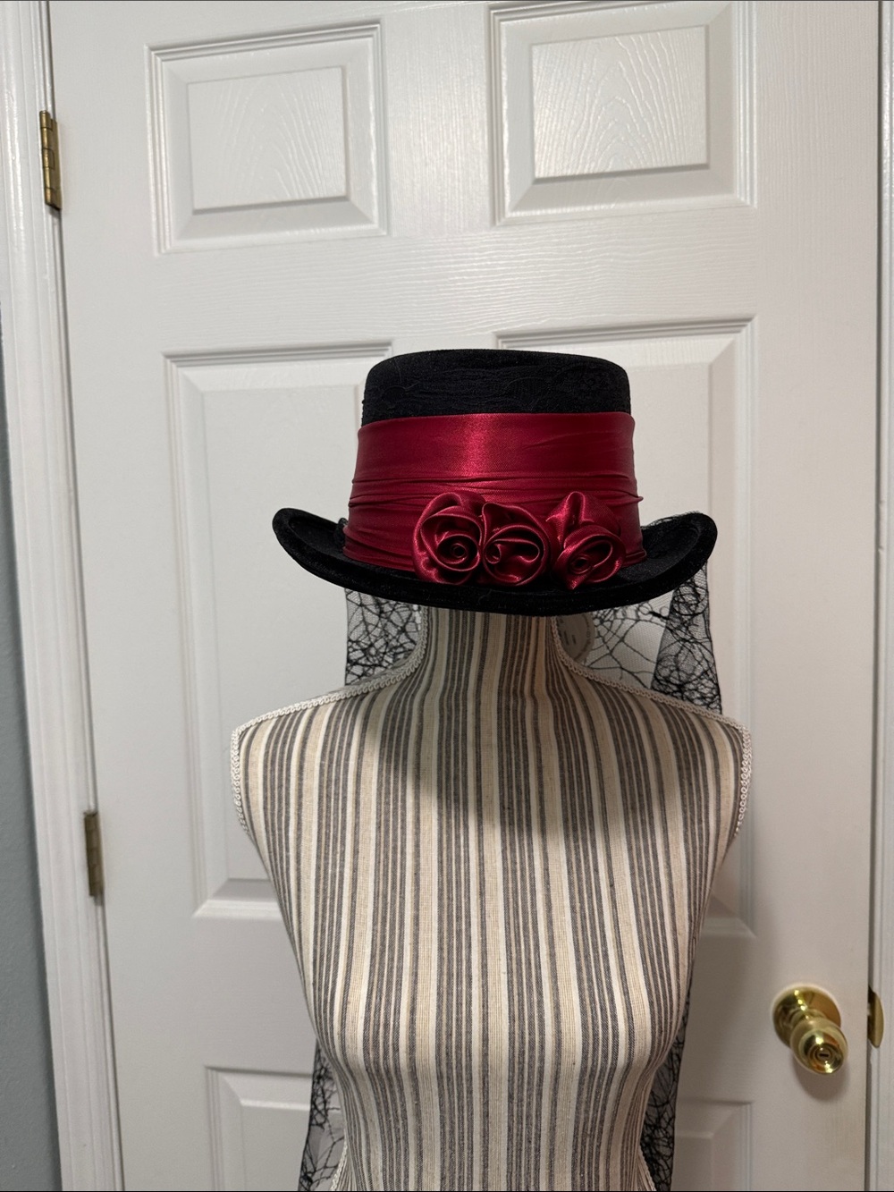 Halloween/Gothic Black Velvet Top Hat with Bordeaux Satin Band and Rose Accents